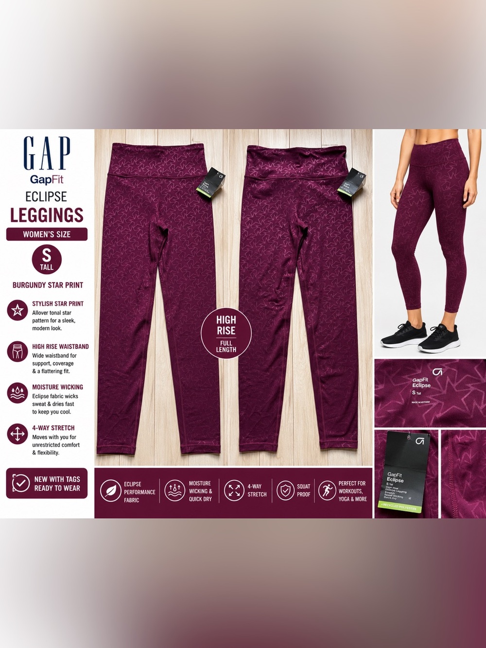 NWT GapFit Eclipse Star Print Leggings Small Tall Burgundy High Rise Workout